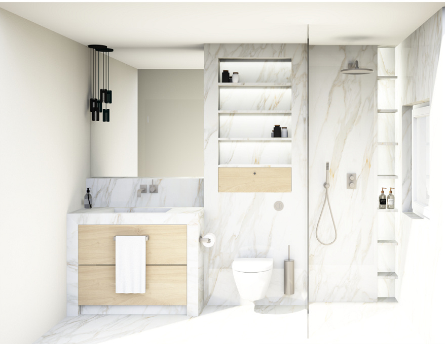 3D-Visualisierung oder fotorealistisches 3D-Renderung eines modernen Badezimmers - Dusche mit weisser Fliesenwand, massgefertigtem Waschtisch in Holzoptik und begehbarer Walk-in Dusche - Badplanung vor dem Umbau erleben. 3D-Visualisierung oder fotorealistisches 3D-Renderung eines modernen Badezimmers - Dusche mit weisser Fliesenwand, massgefertigtem Waschtisch in Holzoptik und begehbarer Walk-in Dusche - Badplanung vor dem Umbau erleben.