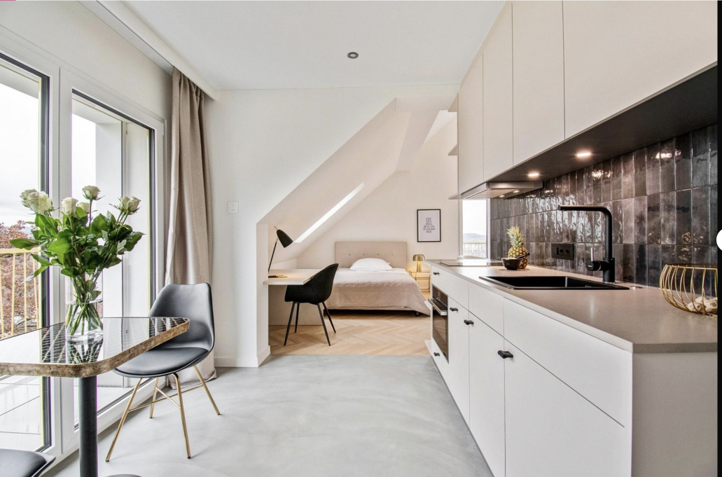 Modern eingerichtetes Studio mit weisser Küchenzeile, Fugenloser Bodenbelag und Parkettboden im Schlafbereich - stilvoller Innenausbau für moderne Studio-Wohnungen. Modern eingerichtetes Studio mit weisser Küchenzeile, Fugenloser Bodenbelag und Parkettboden im Schlafbereich - stilvoller Innenausbau für moderne Studio-Wohnungen.